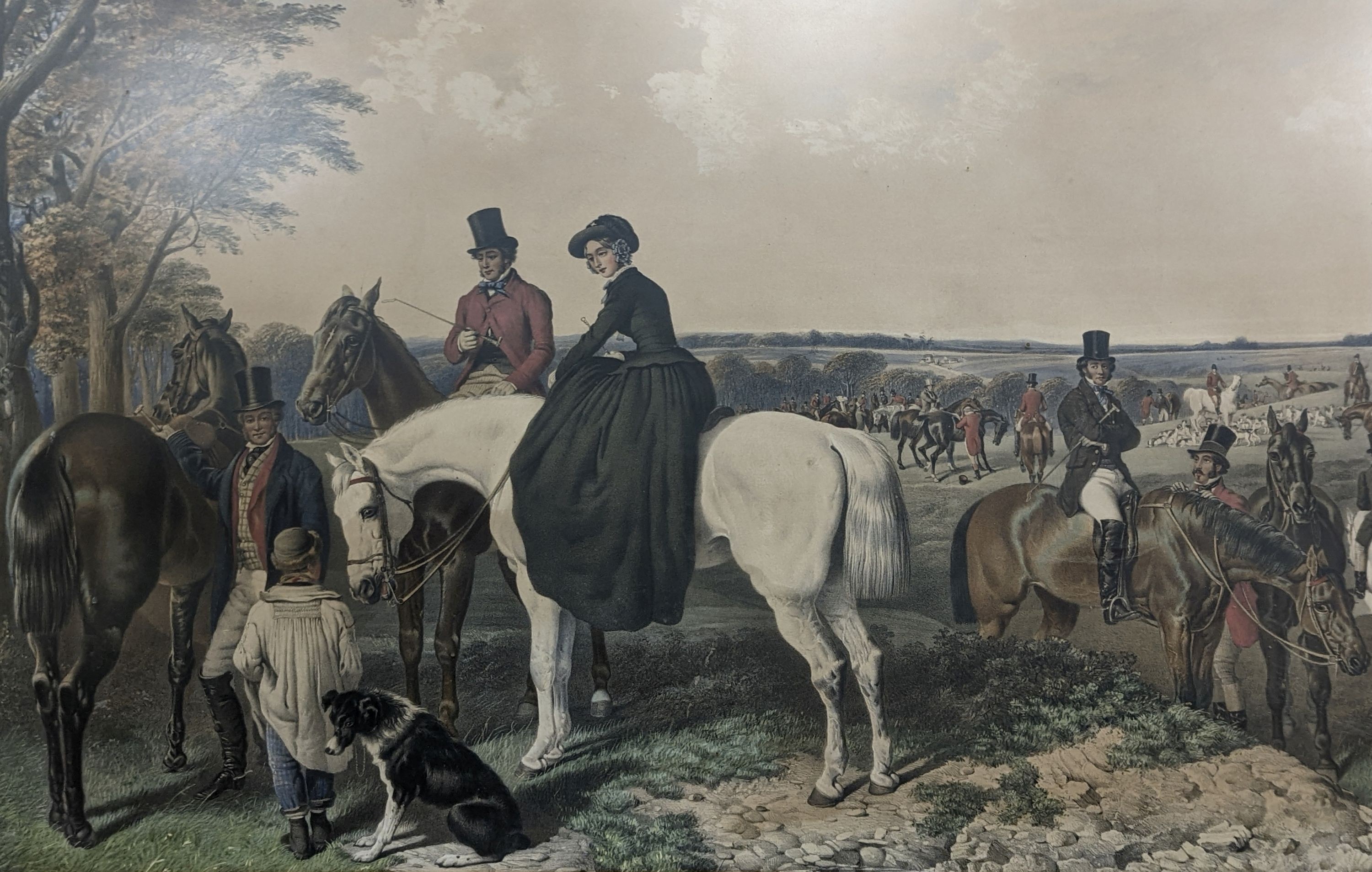 A Victorian maple framed hand coloured lithograph, 'The Meet before The Hunt', 52 x 82cm